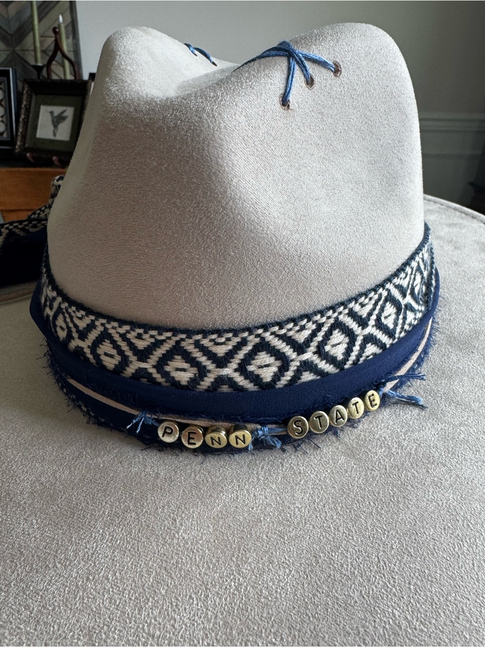 Hand Crafted Cream Wide-Brim Embellished Penn State Hat - Picture 9 of 14